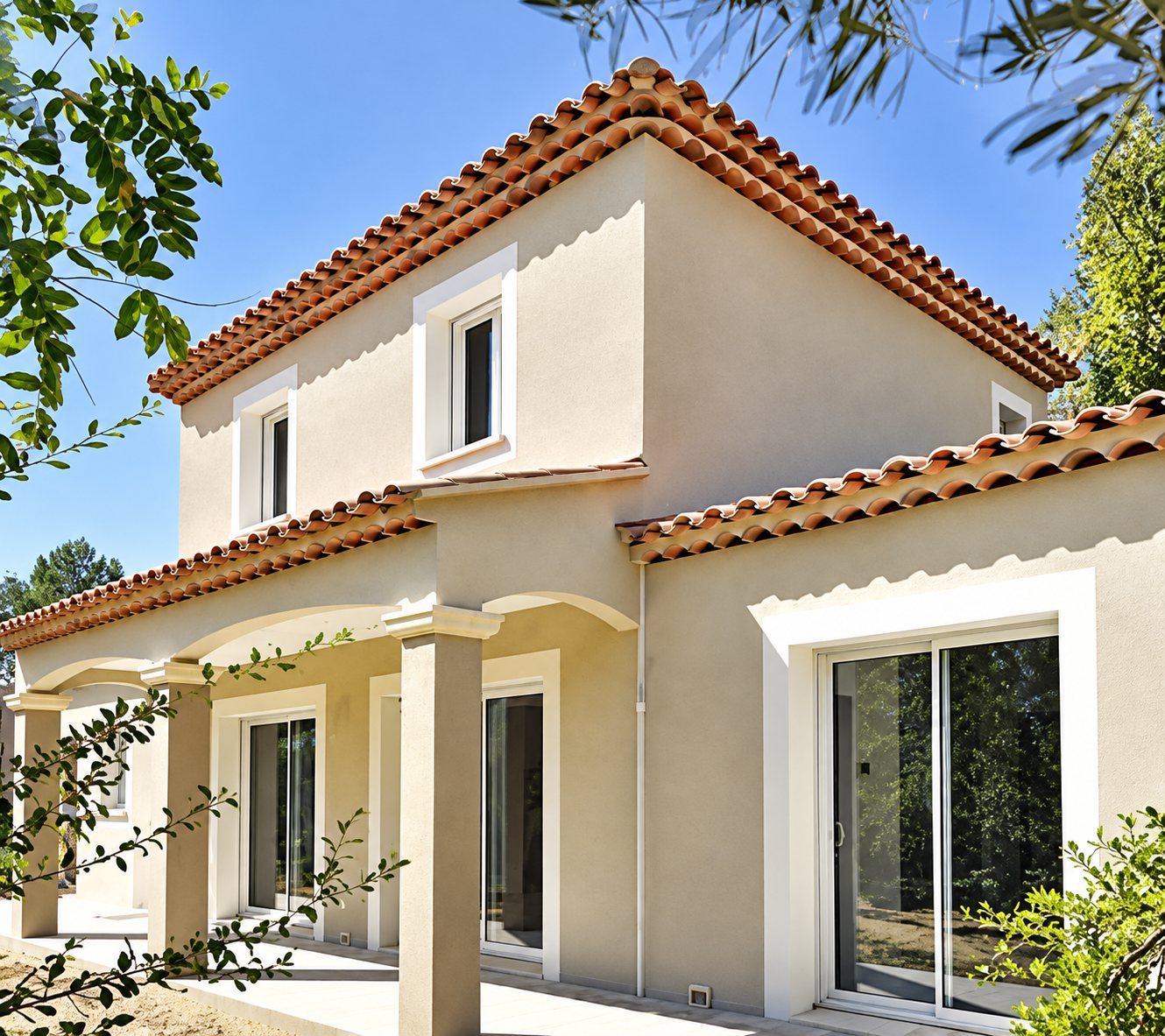 Maison individuelle récente à étage, façade crépie beige, toit de tuiles rondes et grandes baies vitrées encadrées de blanc, entourée de feuillage.